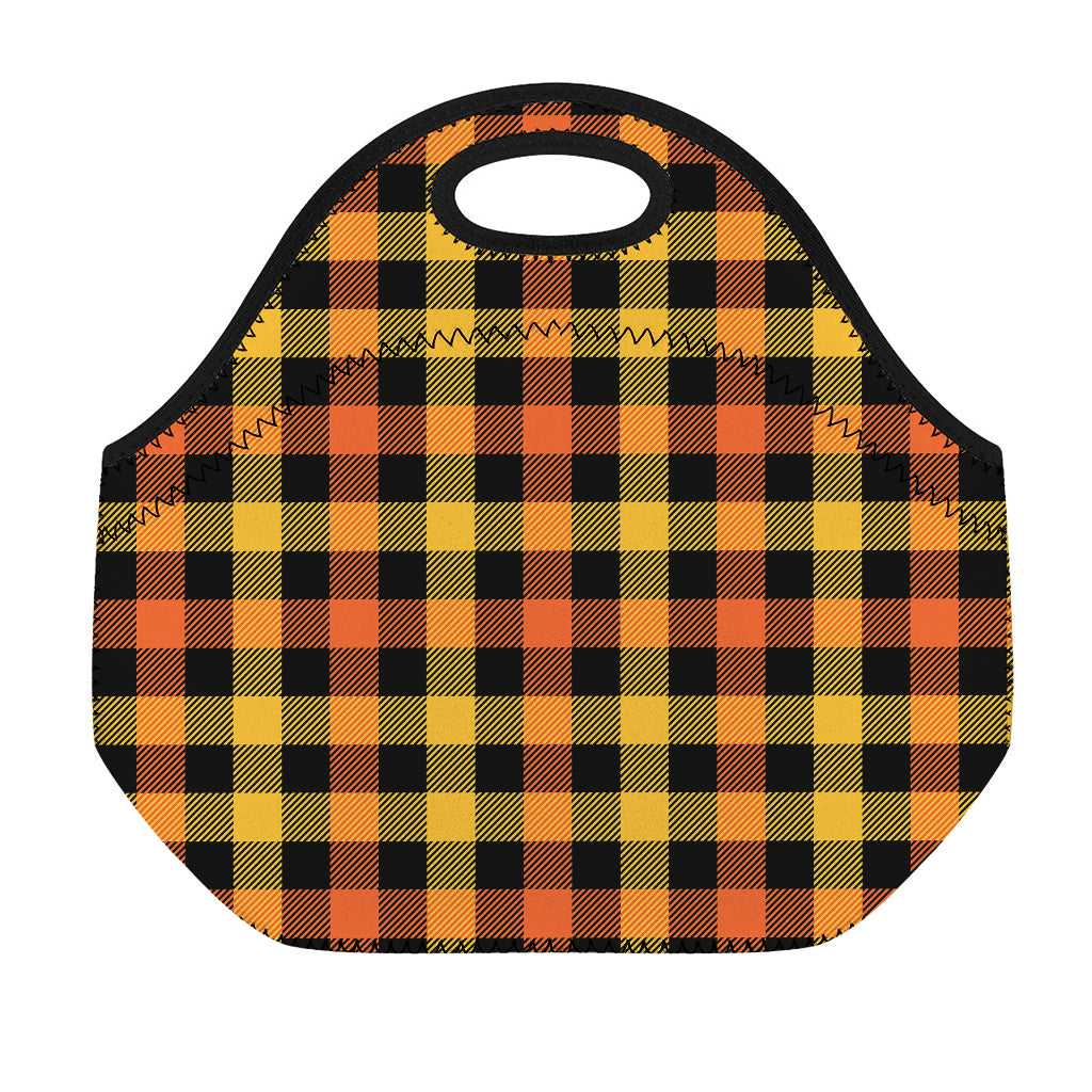 Orange And Black Buffalo Plaid Print Neoprene Lunch Bag
