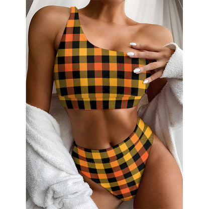 Orange And Black Buffalo Plaid Print One Shoulder Bikini Top