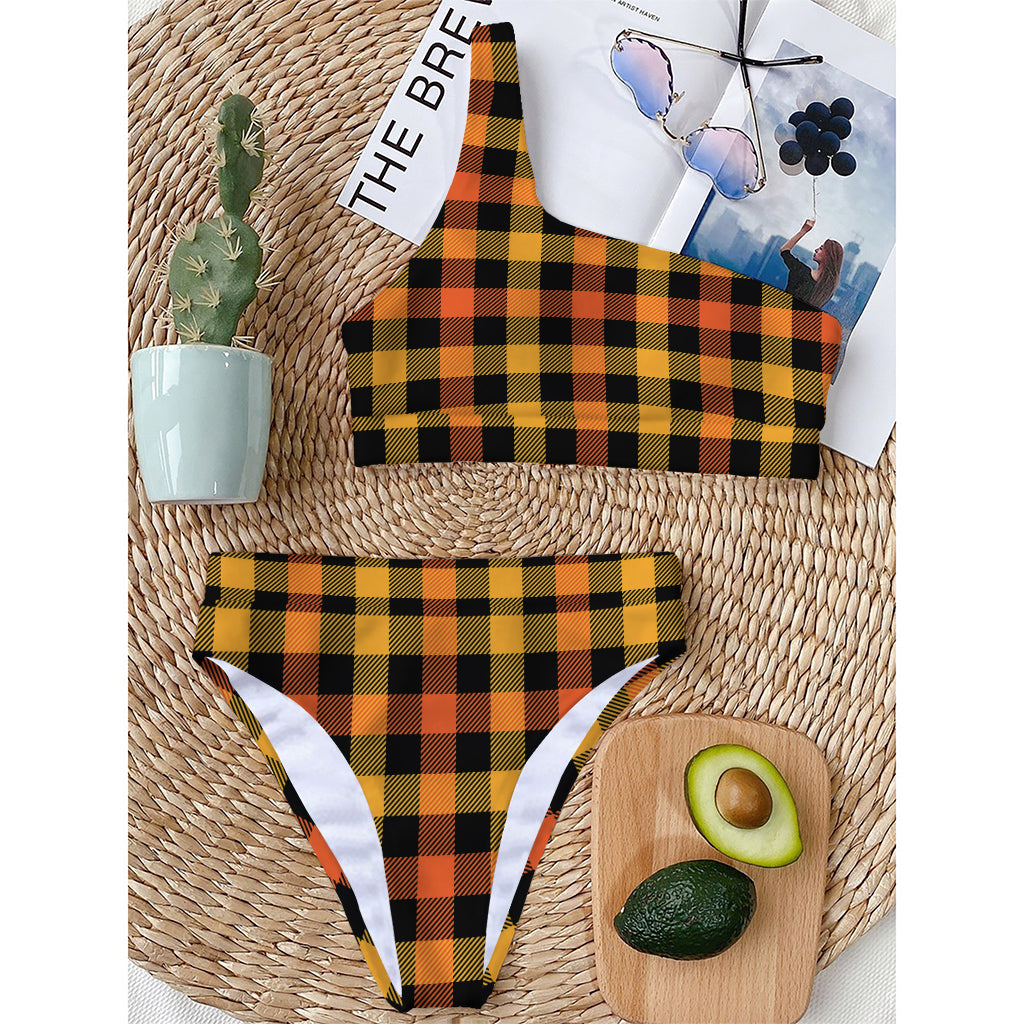 Orange And Black Buffalo Plaid Print One Shoulder Bikini Top