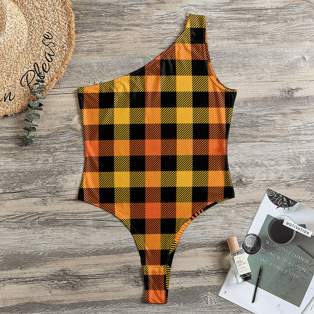 Orange And Black Buffalo Plaid Print One Shoulder Bodysuit