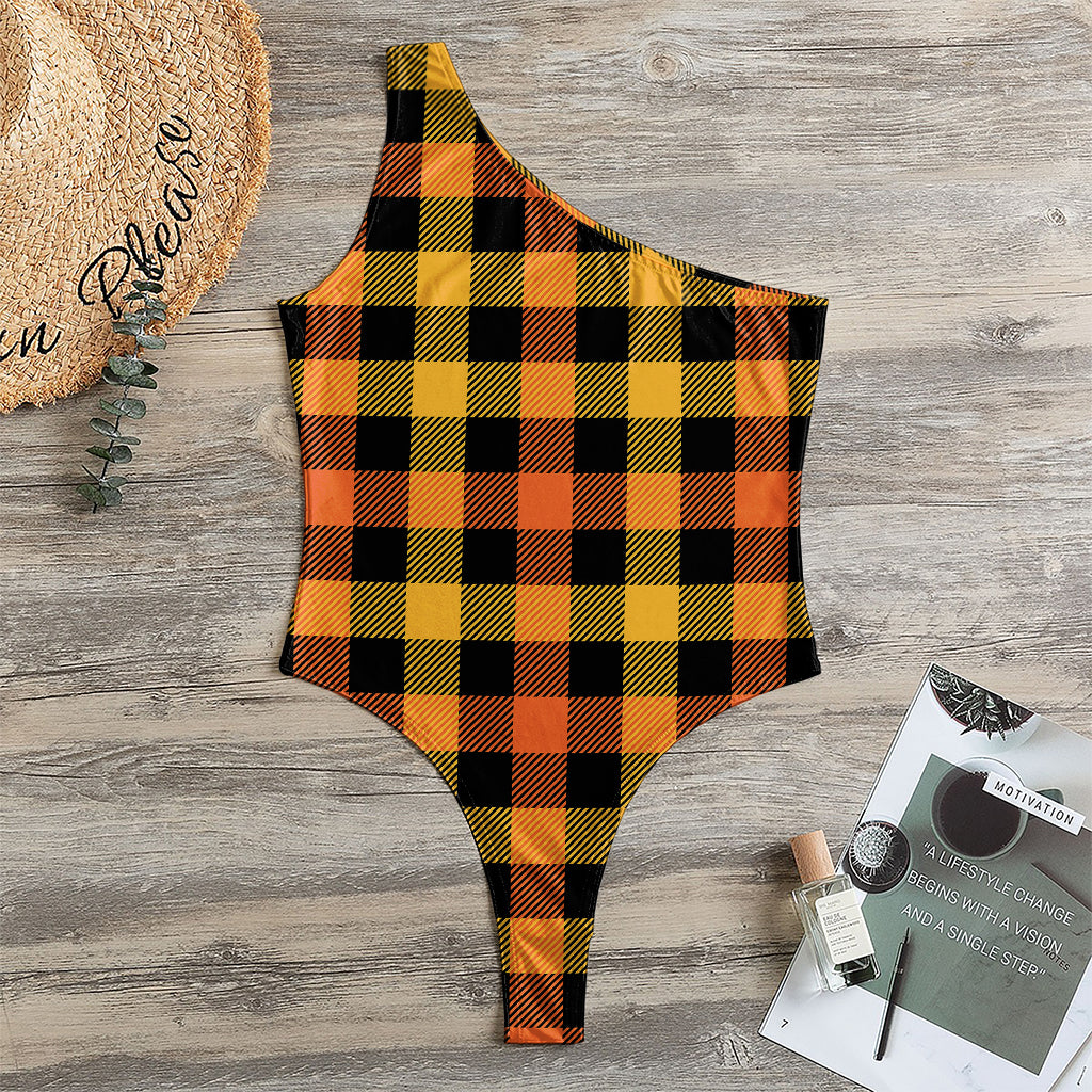 Orange And Black Buffalo Plaid Print One Shoulder Bodysuit