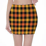 Orange And Black Buffalo Plaid Print Pencil Mini Skirt