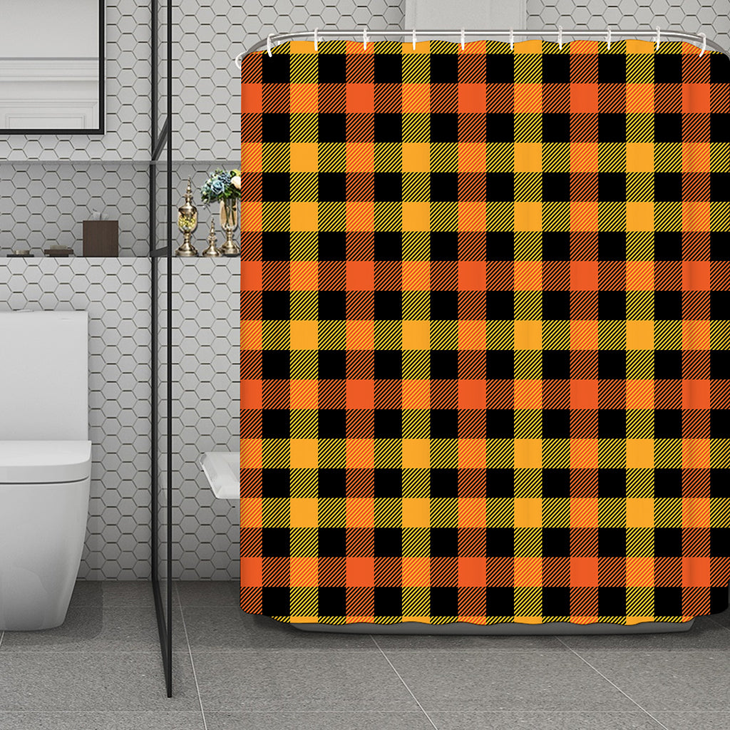 Orange And Black Buffalo Plaid Print Polyester Shower Curtain