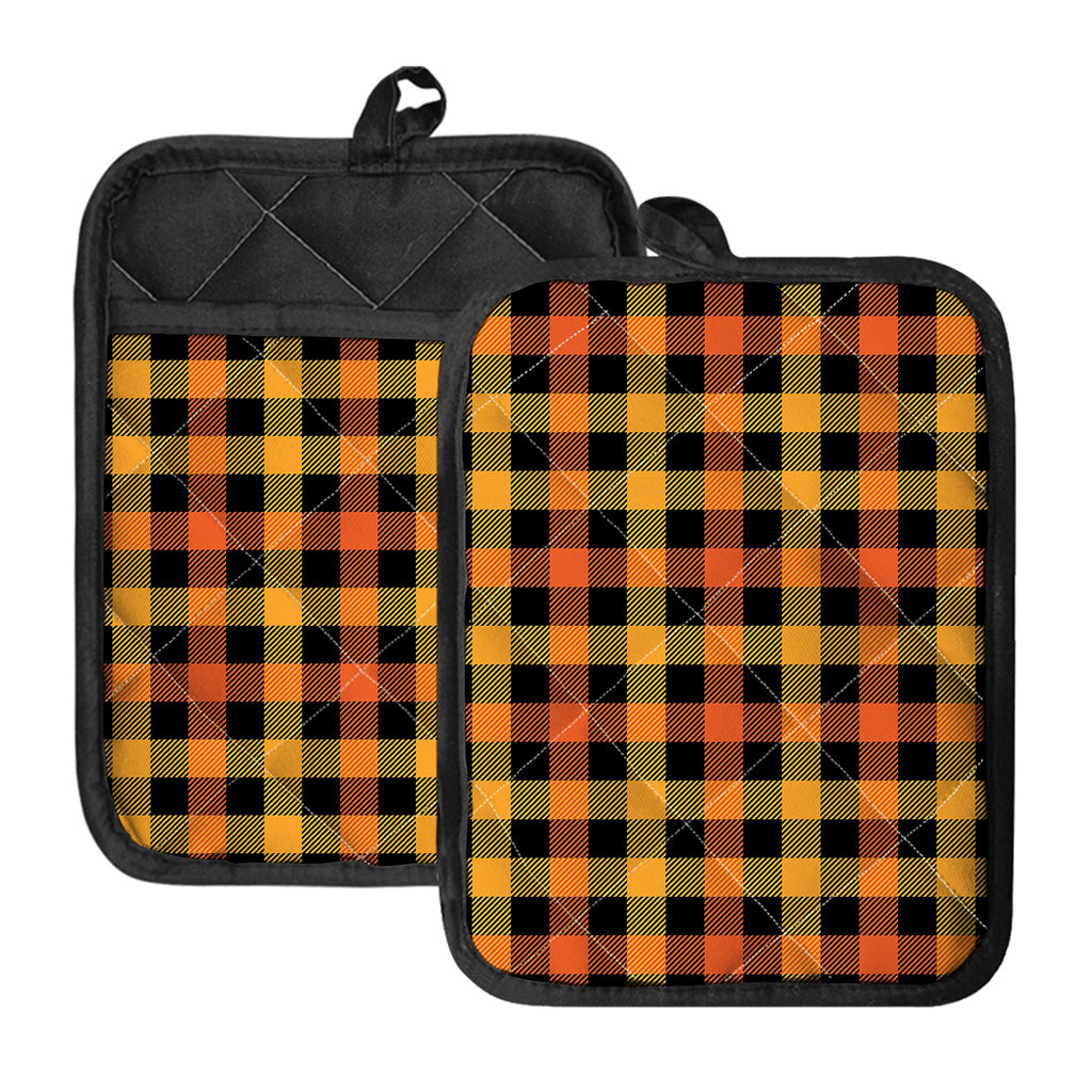Orange And Black Buffalo Plaid Print Pot Holders With Pocket