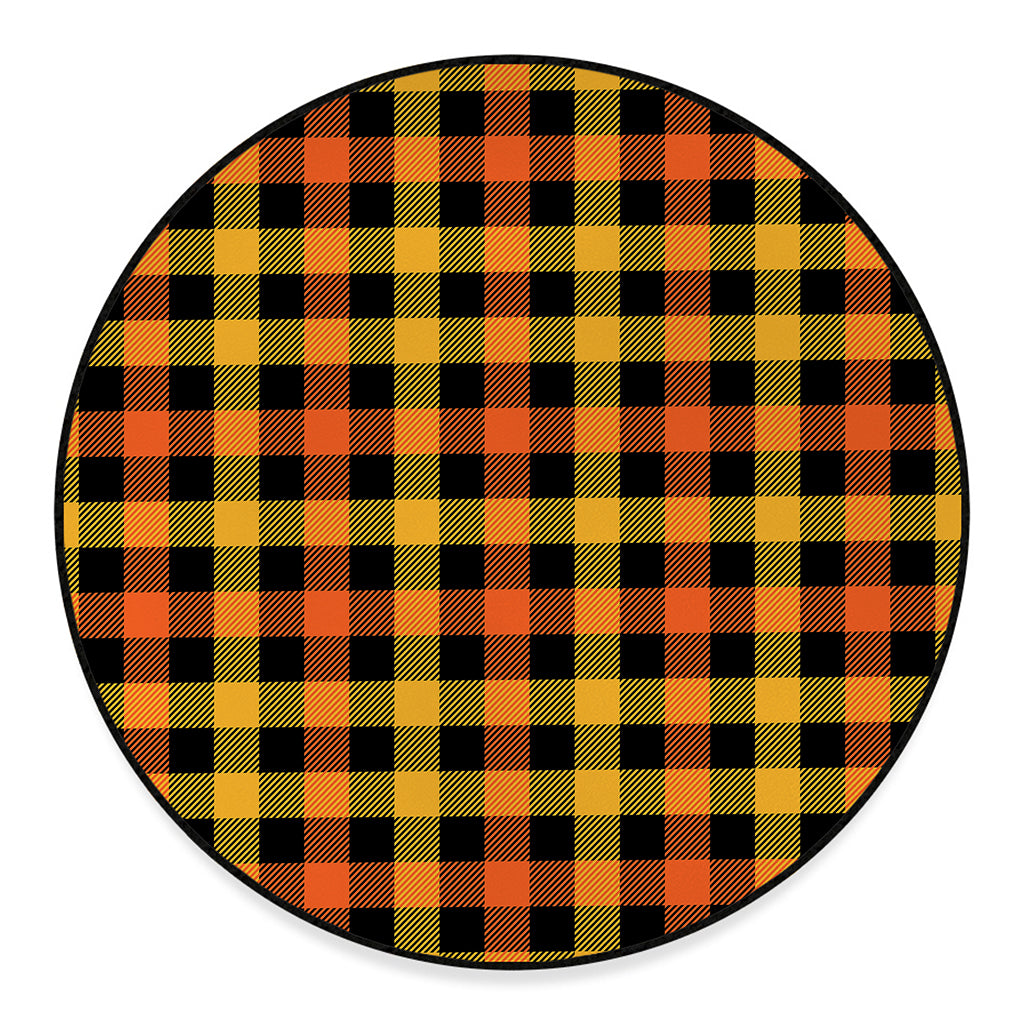 Orange And Black Buffalo Plaid Print Round Floor Mat