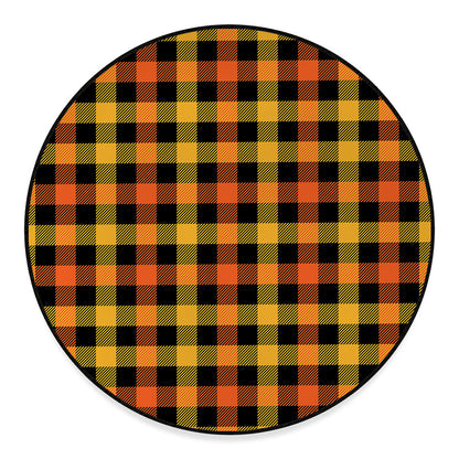 Orange And Black Buffalo Plaid Print Round Floor Mat