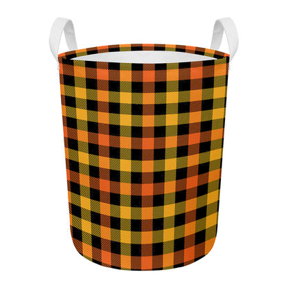 Orange And Black Buffalo Plaid Print Round Laundry Basket