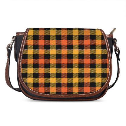Orange And Black Buffalo Plaid Print Saddle Bag