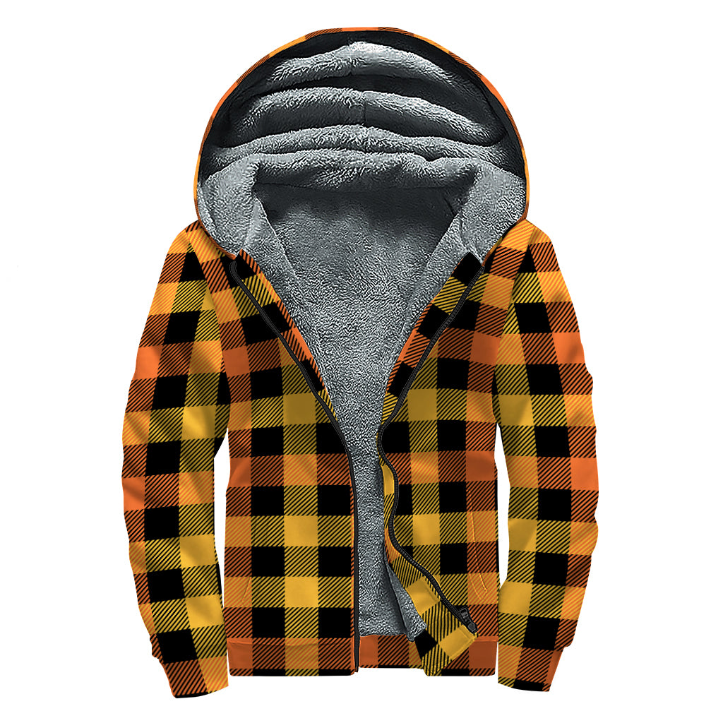 Orange And Black Buffalo Plaid Print Sherpa Lined Zip Up Hoodie