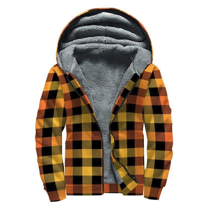 Orange And Black Buffalo Plaid Print Sherpa Lined Zip Up Hoodie