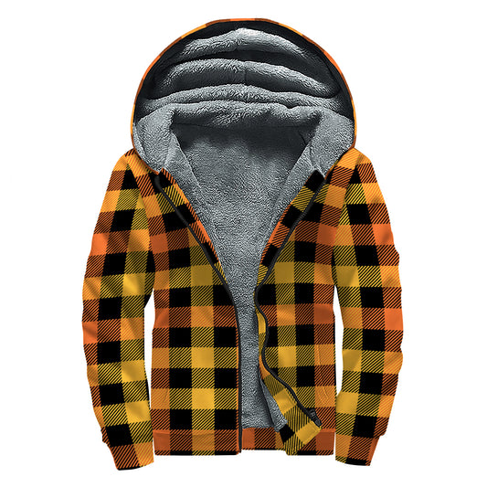 Orange And Black Buffalo Plaid Print Sherpa Lined Zip Up Hoodie