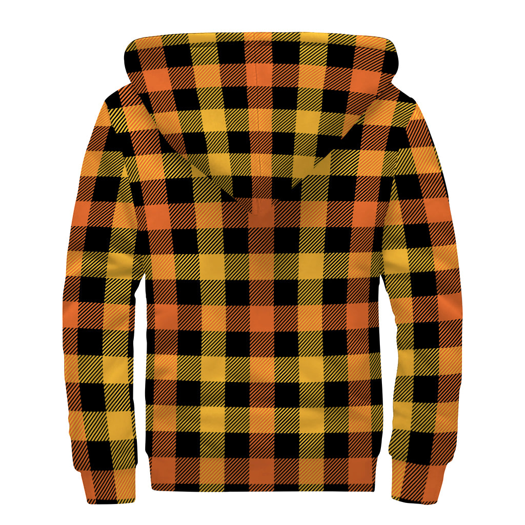 Orange And Black Buffalo Plaid Print Sherpa Lined Zip Up Hoodie