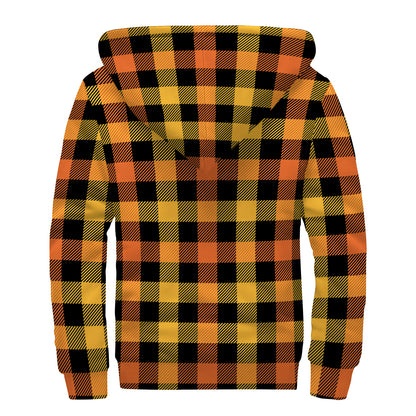 Orange And Black Buffalo Plaid Print Sherpa Lined Zip Up Hoodie