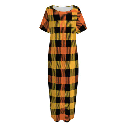 Orange And Black Buffalo Plaid Print Short Sleeve Long Nightdress