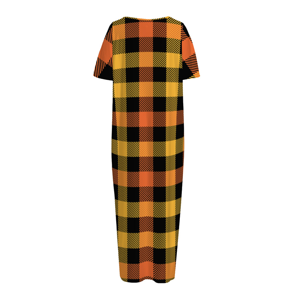 Orange And Black Buffalo Plaid Print Short Sleeve Long Nightdress