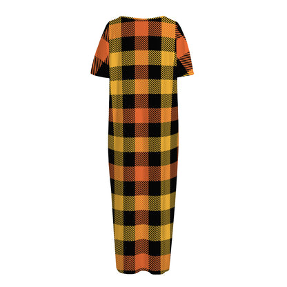 Orange And Black Buffalo Plaid Print Short Sleeve Long Nightdress