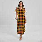 Orange And Black Buffalo Plaid Print Short Sleeve Maxi Dress