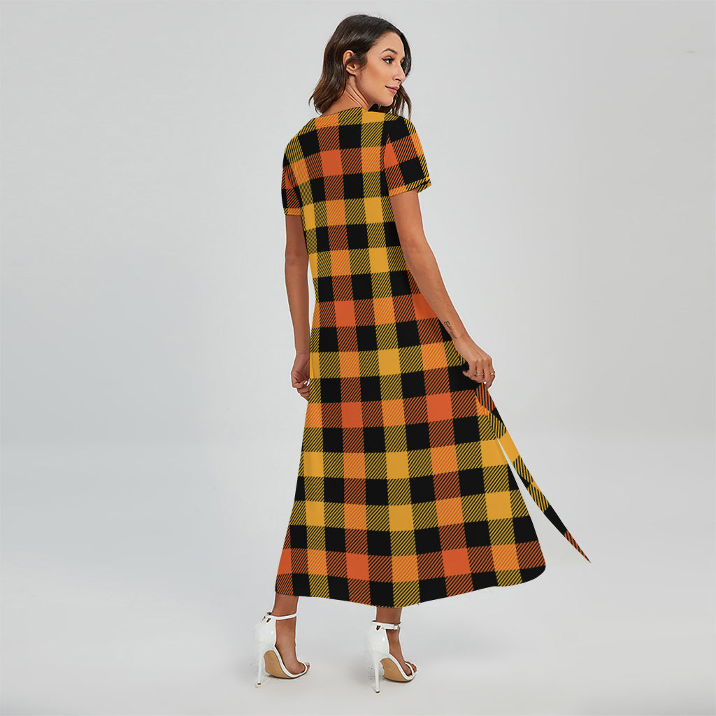 Orange And Black Buffalo Plaid Print Short Sleeve Maxi Dress