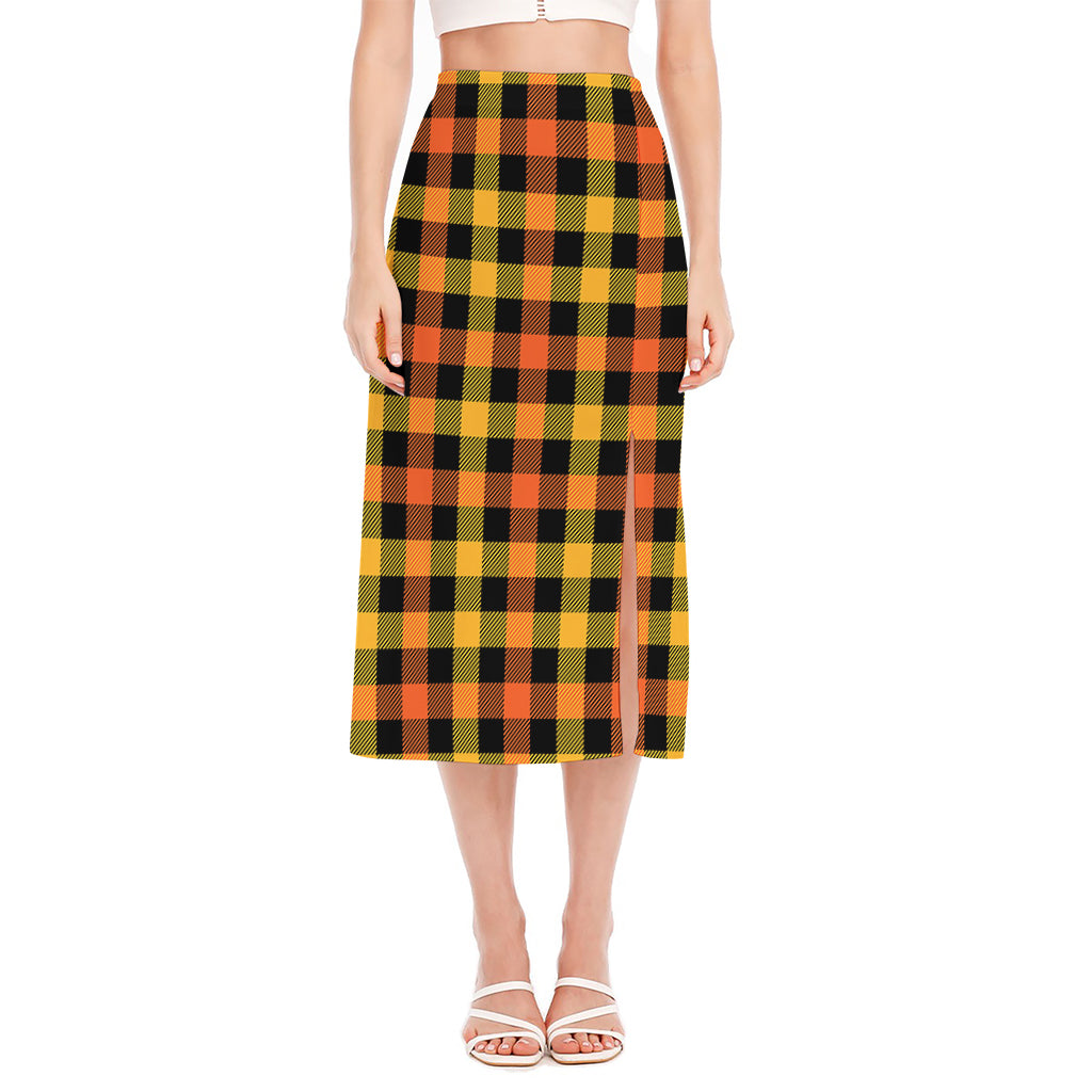 Orange And Black Buffalo Plaid Print Side Slit Midi Skirt