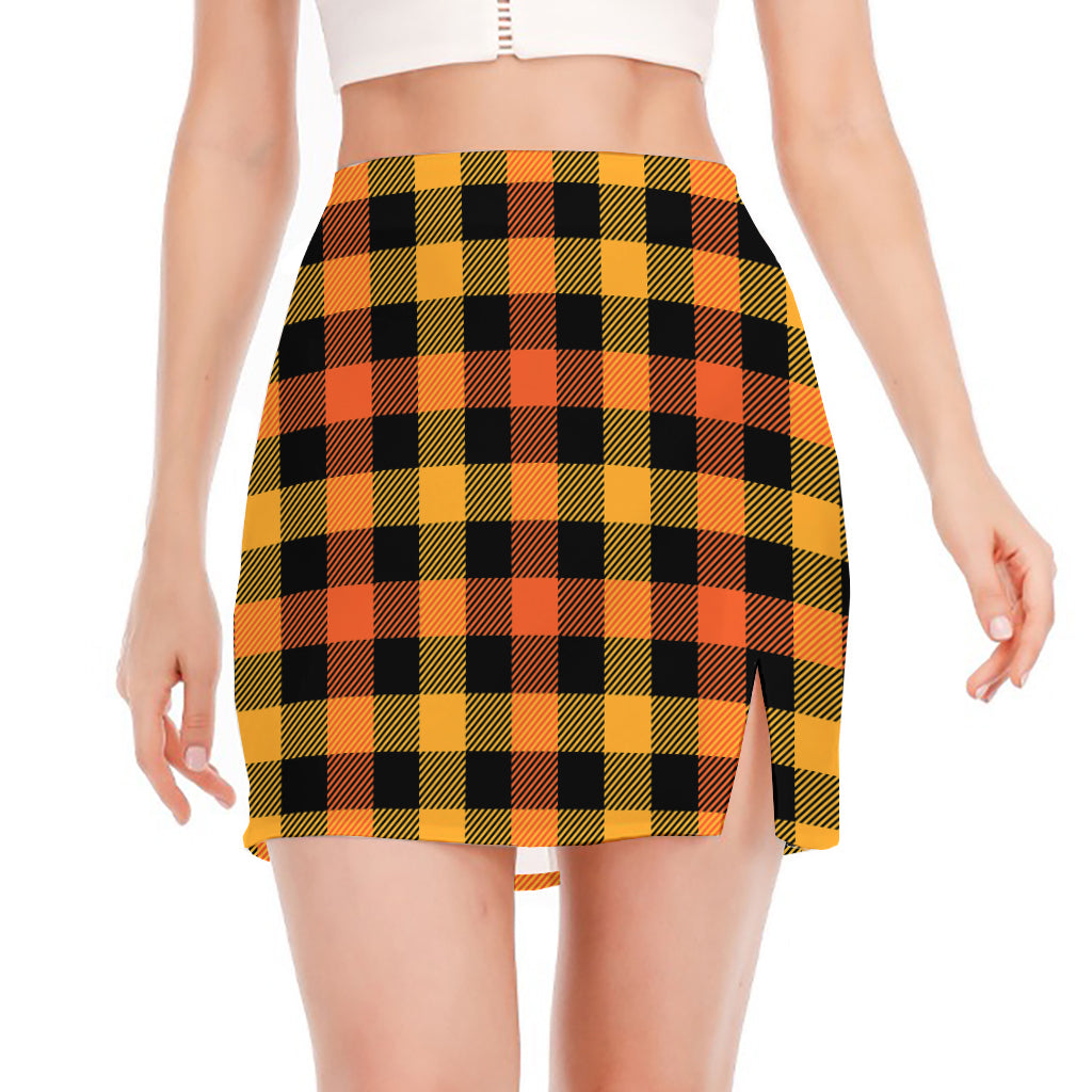 Orange And Black Buffalo Plaid Print Side Slit Mini Skirt