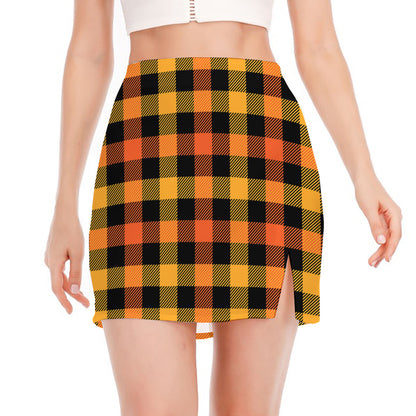 Orange And Black Buffalo Plaid Print Side Slit Mini Skirt