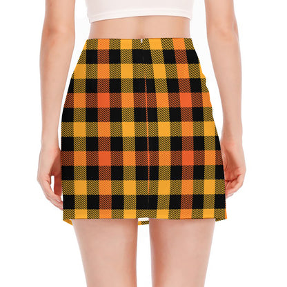 Orange And Black Buffalo Plaid Print Side Slit Mini Skirt