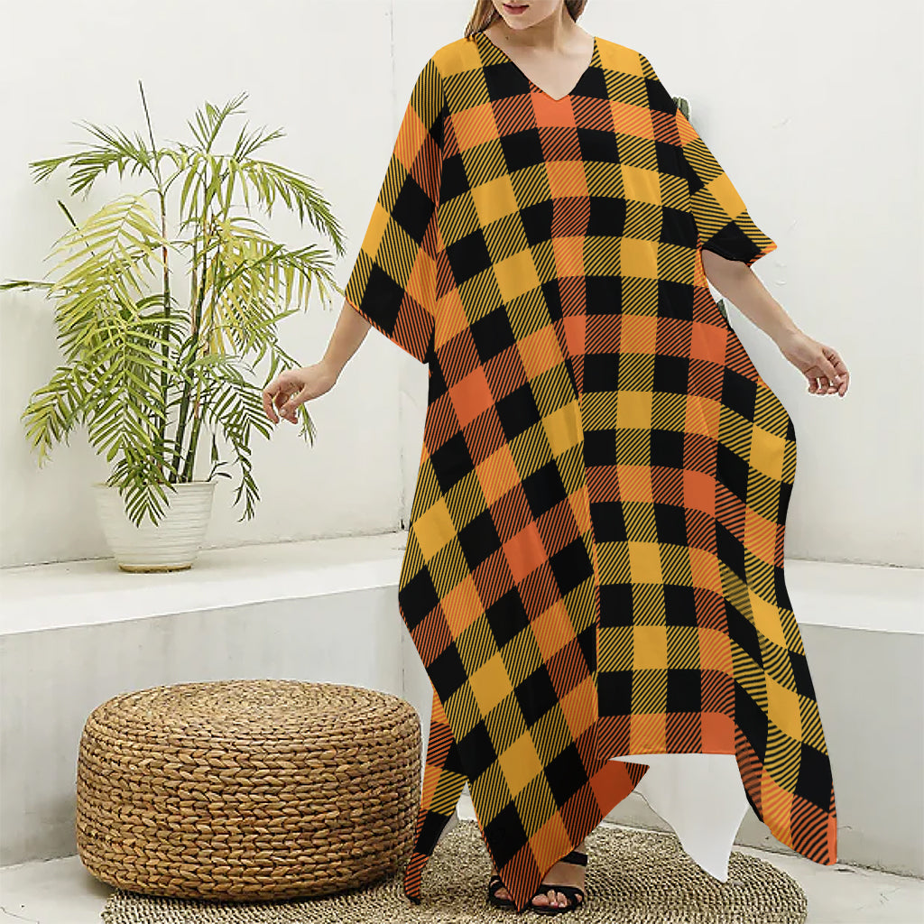 Orange And Black Buffalo Plaid Print Silk V-Neck Kaftan Dress