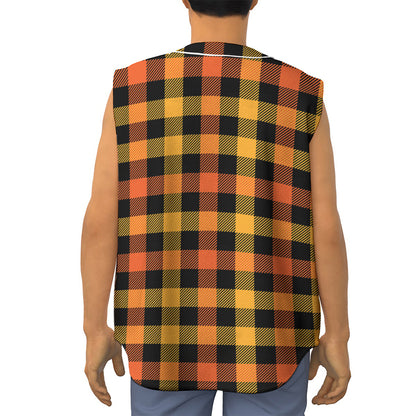 Orange And Black Buffalo Plaid Print Sleeveless Baseball Jersey