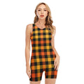 Orange And Black Buffalo Plaid Print Sleeveless One Piece Swimsuit