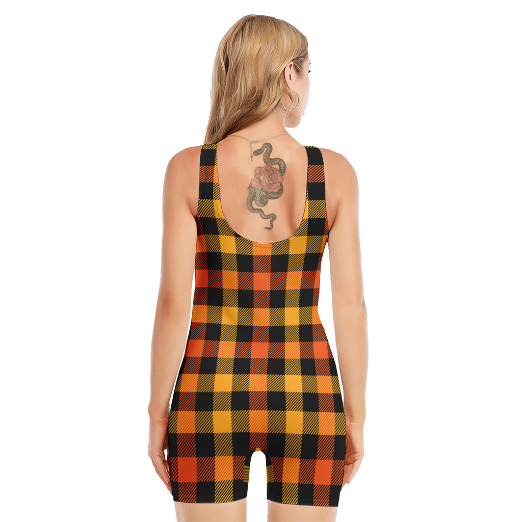 Orange And Black Buffalo Plaid Print Sleeveless One Piece Swimsuit