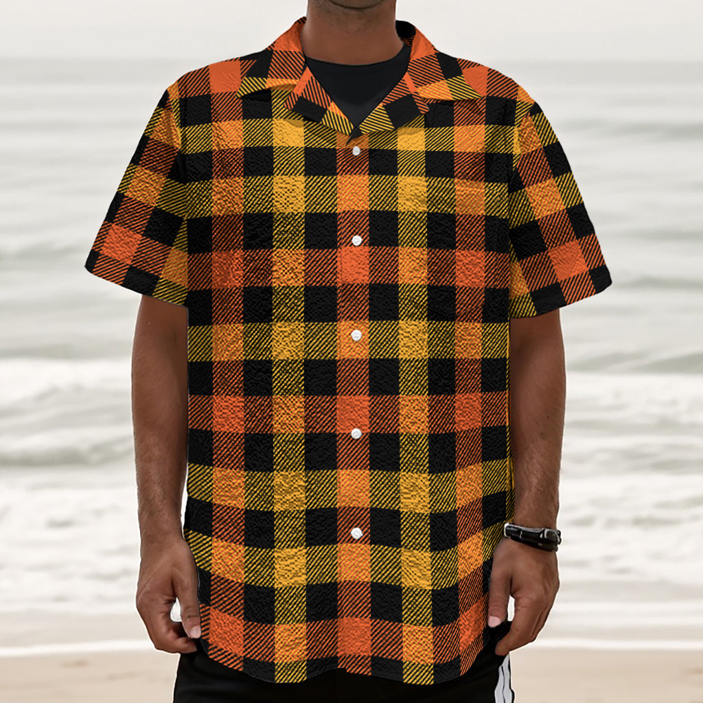 Orange And Black Buffalo Plaid Print Textured Short Sleeve Shirt