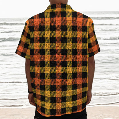 Orange And Black Buffalo Plaid Print Textured Short Sleeve Shirt