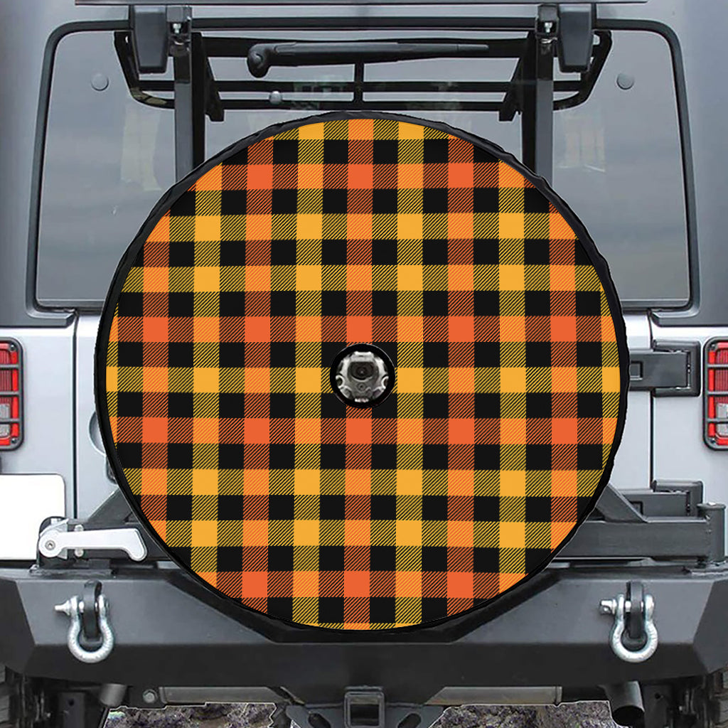 Orange And Black Buffalo Plaid Print Tire Cover With Camera Hole