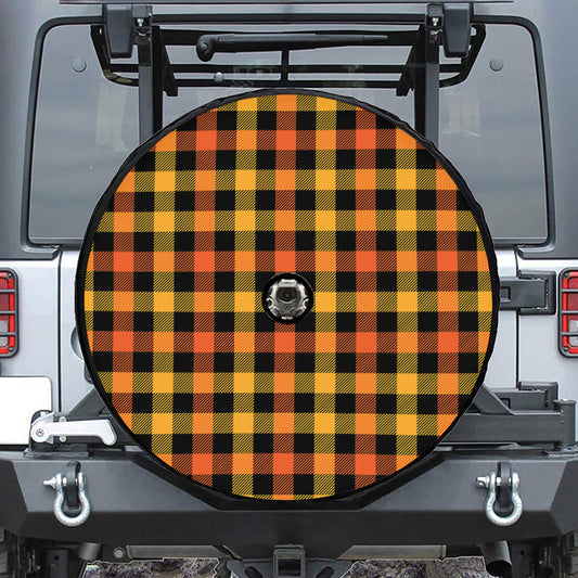 Orange And Black Buffalo Plaid Print Tire Cover With Camera Hole