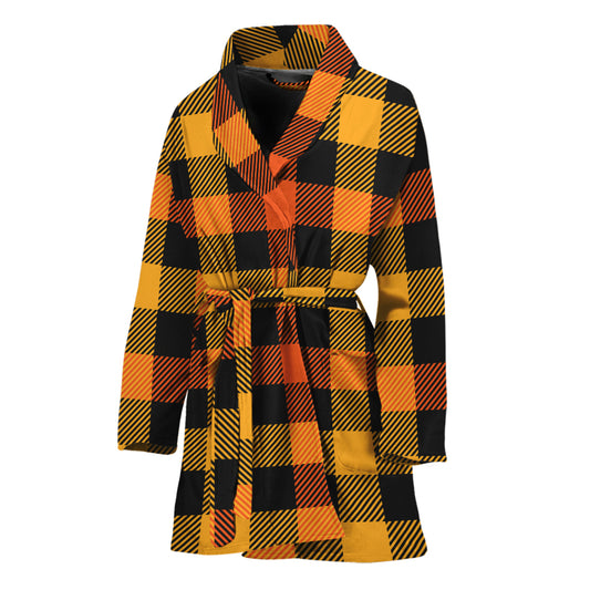 Orange And Black Buffalo Plaid Print Women's Bathrobe