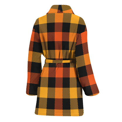 Orange And Black Buffalo Plaid Print Women's Bathrobe