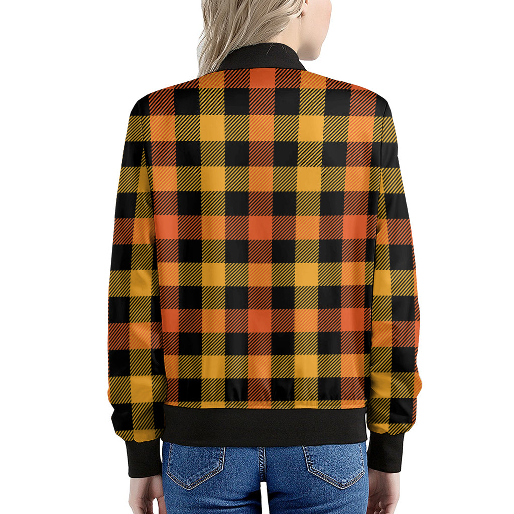 Orange And Black Buffalo Plaid Print Women's Bomber Jacket