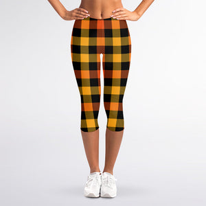 Orange And Black Buffalo Plaid Print Women's Capri Leggings