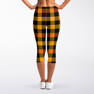 Orange And Black Buffalo Plaid Print Women's Capri Leggings