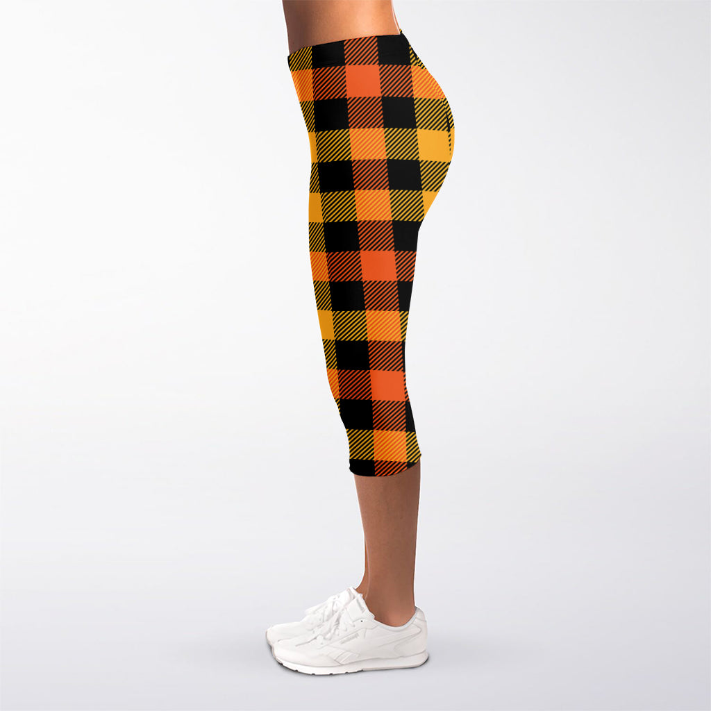 Orange And Black Buffalo Plaid Print Women's Capri Leggings