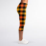 Orange And Black Buffalo Plaid Print Women's Capri Leggings