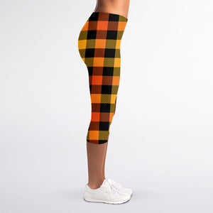 Orange And Black Buffalo Plaid Print Women's Capri Leggings