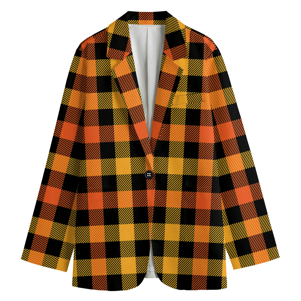 Orange And Black Buffalo Plaid Print Women's Cotton Blazer