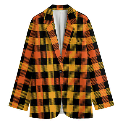 Orange And Black Buffalo Plaid Print Women's Cotton Blazer