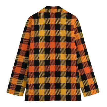 Orange And Black Buffalo Plaid Print Women's Cotton Blazer