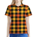 Orange And Black Buffalo Plaid Print Women's Polo Shirt