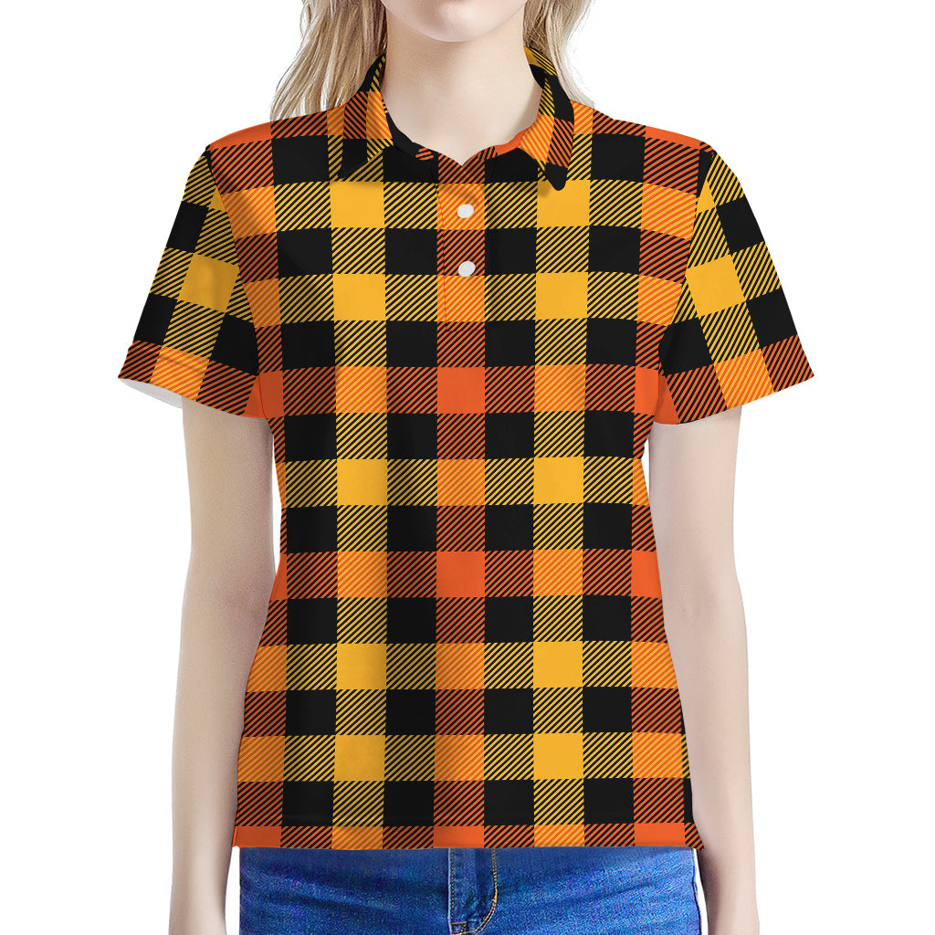 Orange And Black Buffalo Plaid Print Women's Polo Shirt