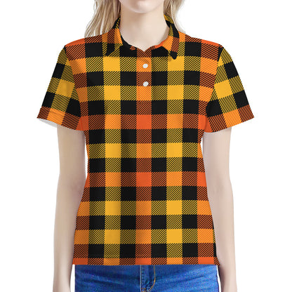 Orange And Black Buffalo Plaid Print Women's Polo Shirt