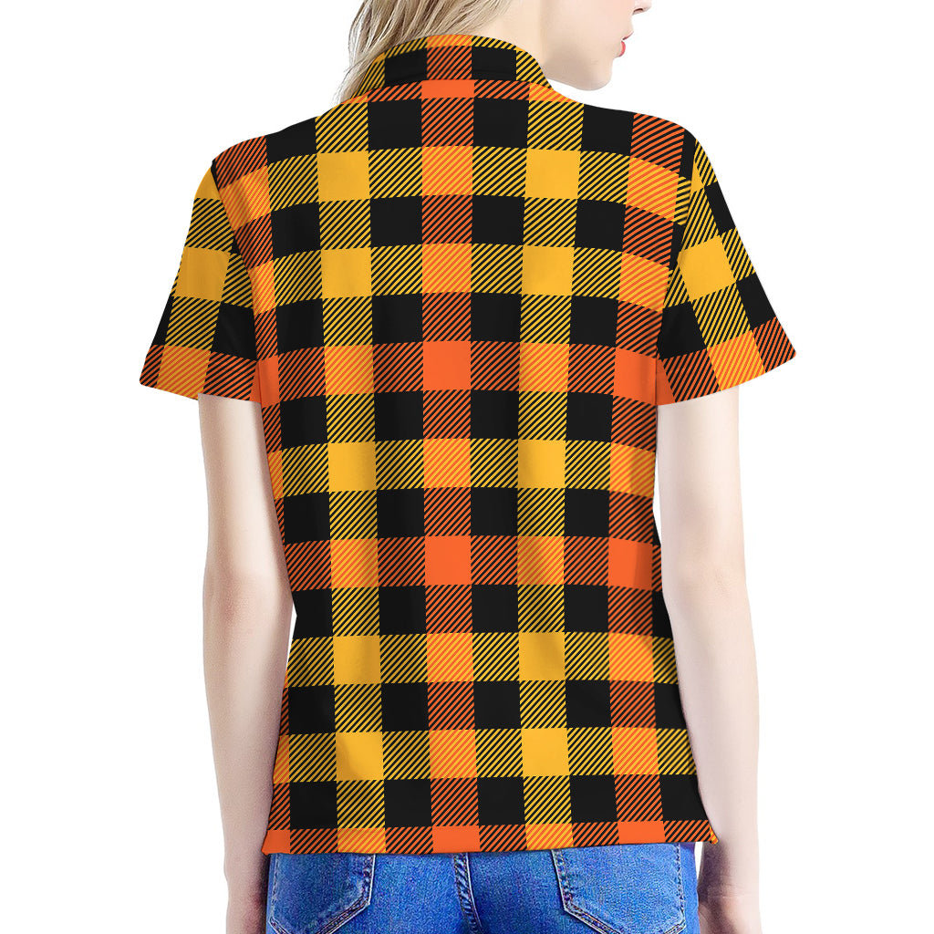 Orange And Black Buffalo Plaid Print Women's Polo Shirt