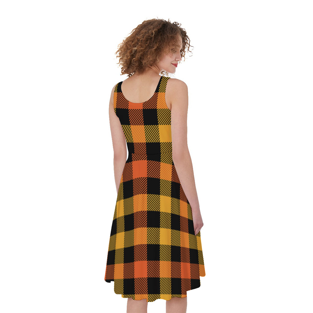Orange And Black Buffalo Plaid Print Women's Sleeveless Dress